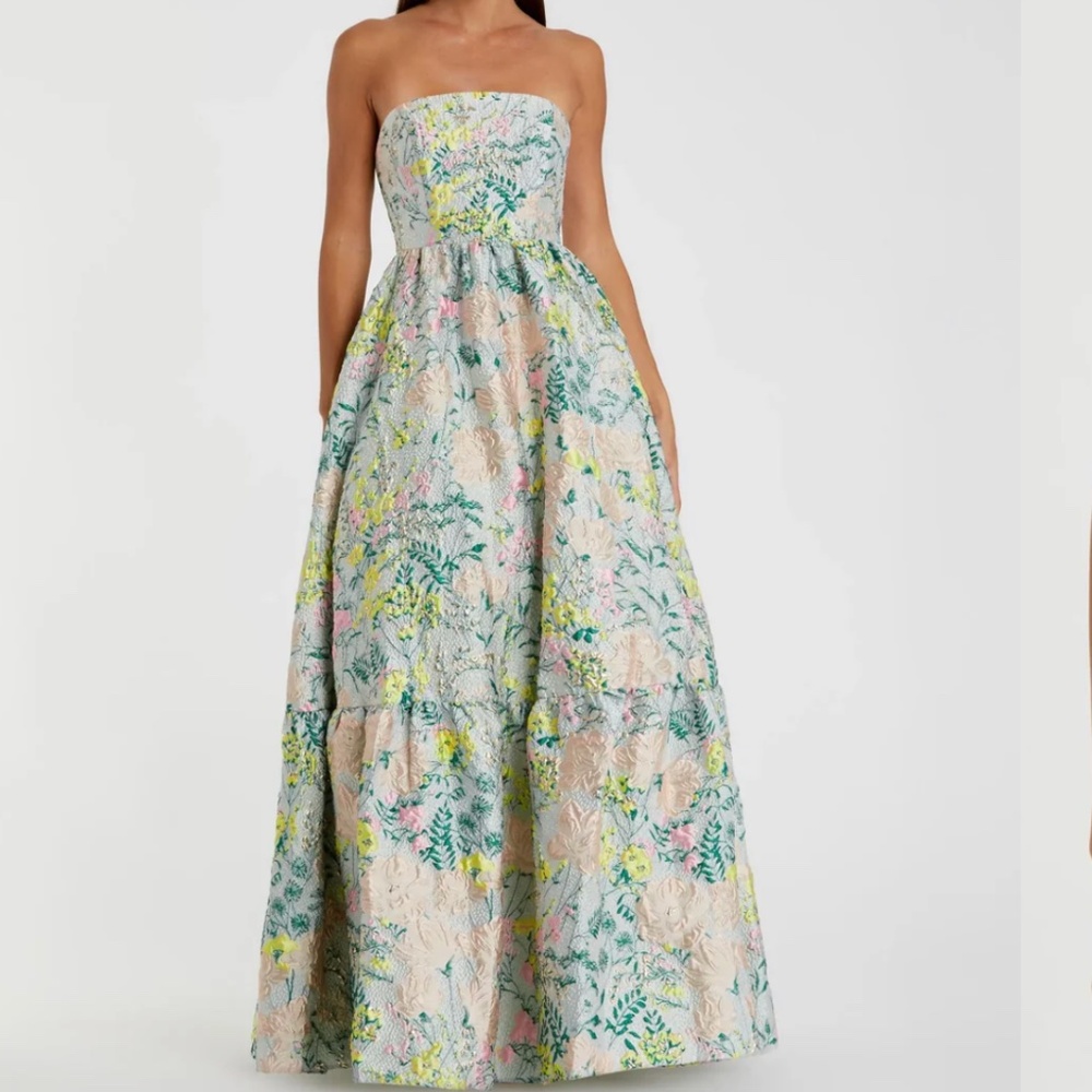 Multicolor Strapless Floral Brocade A-Line Gown